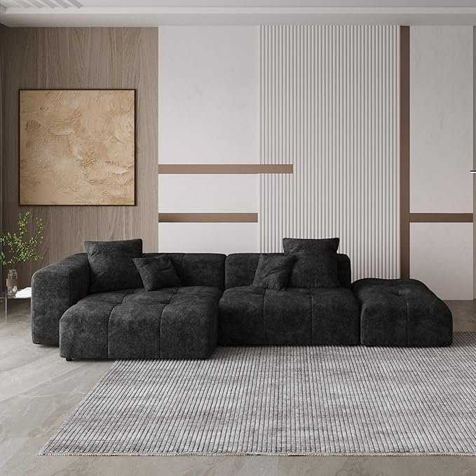 WJShome 119 L Shaped Sectional CouchModern Modular Sofa with OttomanLinen Deep Loveseat with Pillows Couches for Living Room Bedroom and ApartmentBlack