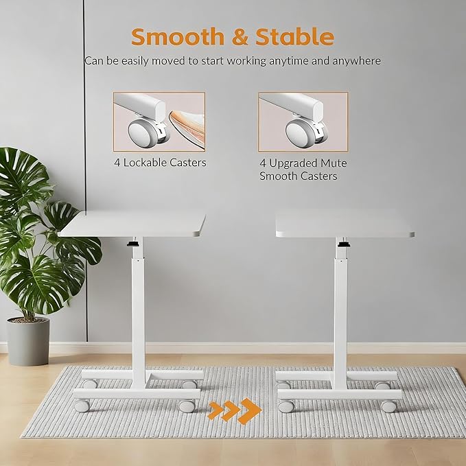 Mobile Standing DeskSmall Rolling DeskHeight Adjustable Rolling Cart with Lockable Wheels for Home Office Computer Workstationwith Hook White