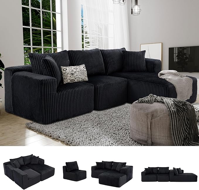 3 Seater L Shaped Sofa with Deep Seat 101 Cloud Sectional Couch with Chaise Cozy Modular Couches Sleeper Oversized Corduroy Sofa for Living Room Bedroom Apartment Black