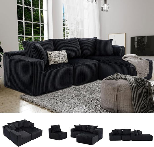 3 Seater L Shaped Sofa with Deep Seat 101 Cloud Sectional Couch with Chaise Cozy Modular Couches Sleeper Oversized Corduroy Sofa for Living Room Bedroom Apartment Black
