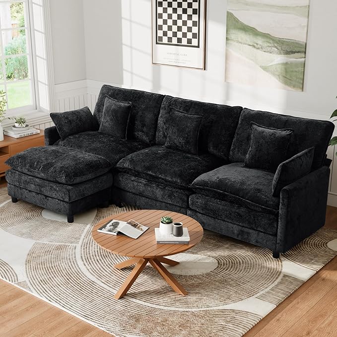 113'' L Shaped Cloud Couch 4-Seater Modular Sectional Sofa with Double Layer Upholstered Seat Cushion Chenille Deep Seat Couches with Ottoman &amp Pillows for Living Room &amp Apartment Black