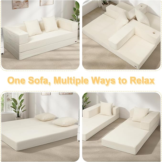 COMAX Boneless Couch Futon Sofa Bed Couches Versatile Queen for Living Room 79 4 in 1 Convertible Sleeper Corduroy Couch Foam in a Box Foldable Fold Out Floor Mattress No Assembly Required Beige