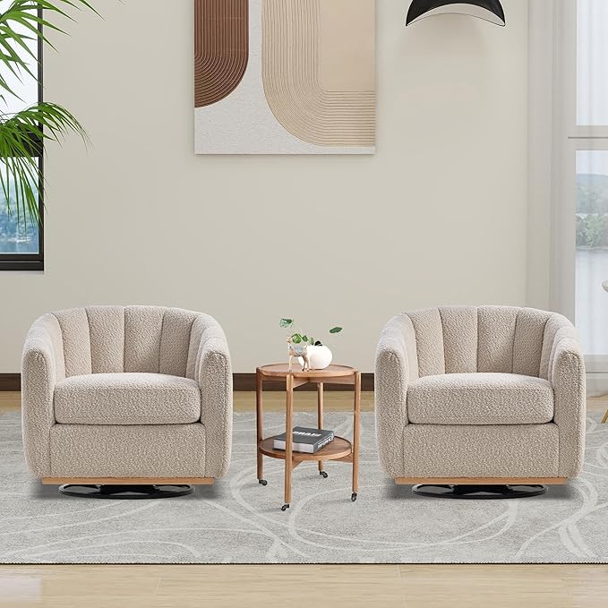 Aoiy &amp Wifon 32.33 W Swivel Accent Barrel Chair Round Living Room Swivel Chair Boucle Wheat
