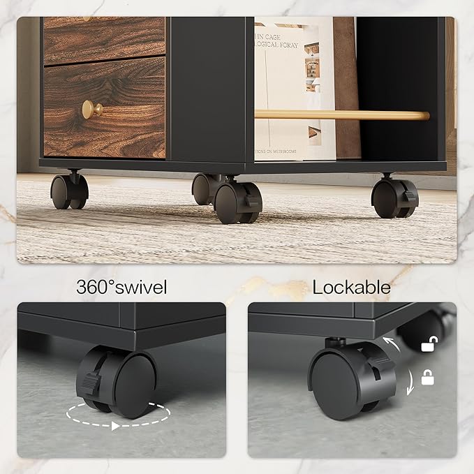 Mobile File Cabinet with 3 Drawers 20 Wood Lateral Filing Cabinet with Lockable Wheels Fit Letter/A4 Size or Home Office Utility Cart with Open Storage Shelf Black Walnut