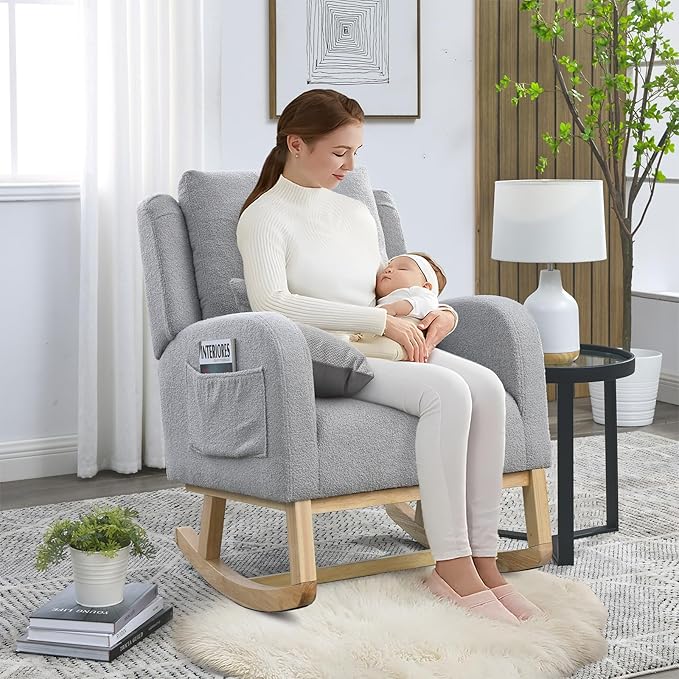 Rocking Glider Chair for Nursery Wingback Accent Rocker Chair Upholstered Tall Back Arm Chair w/Side Pockets Modern Leisure Single Sofa for Living Room Hotel Bedroom Baby Room Grey