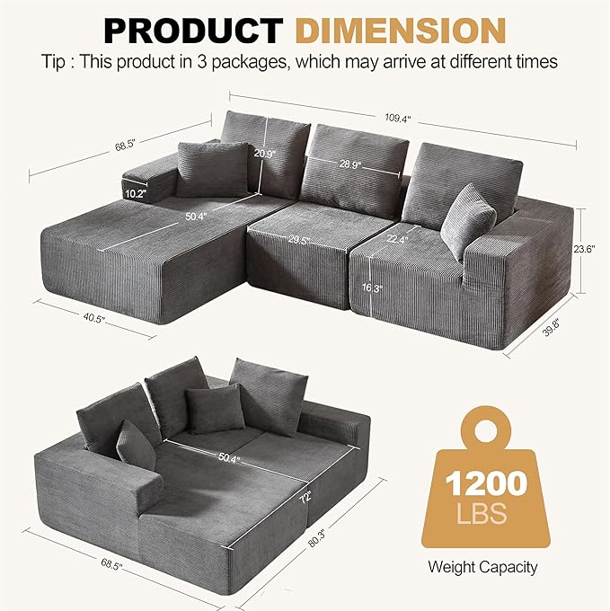 109.4 Cloud Sectional Couch Modern Modular L Shape Sectional Sofa with Deep Seat Chaise Comfy Corduroy Boneless Couches for Living Room (Dark Grey Left Chaise)