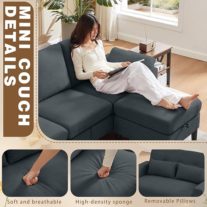 2 Piece Sectional Sofa Set 3-Seat Small L Shaped Couch with Storage Ottoman and 2 Seat Loveseat Sofa Set Polyester Fibre for Living Room Dark Grey
