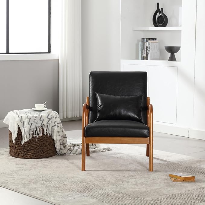 Modern Accent Chair Solid Wood Padding Lounge Armchairs with One Pillow for Living Room Bedroom Guest Room (Black PU)
