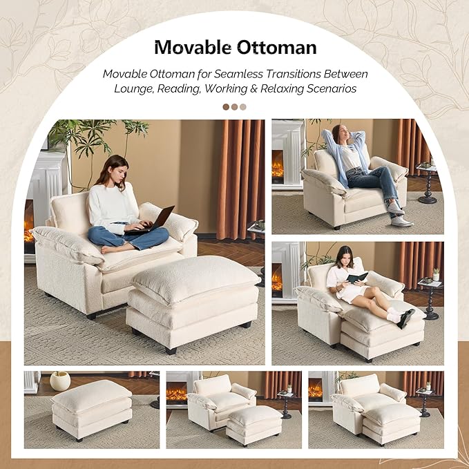 VINGLI Oversized Sofa Chair and a Half with Deep Seat &amp Movable 2-Layer Ottoman Set Comfy Cloud Sofa Bed with Chaise 1-Seater Modular Sectional Sleeper Couch for Living Room Teddy-Fleece Beige