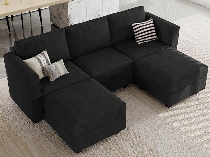 Belffin Modular Sectional Sofa Fabric U Shaped Couch Double Chaise Sectional Couch Convertible Ottoman Sofa with Storage Black