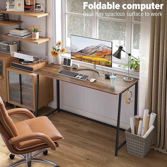 WOHOMO Folding Desk 47.2 Foldable Computer Desk for Bedroom Space Saving Computer Table Writing Workstation for Home Office Easy Assembly Walnut