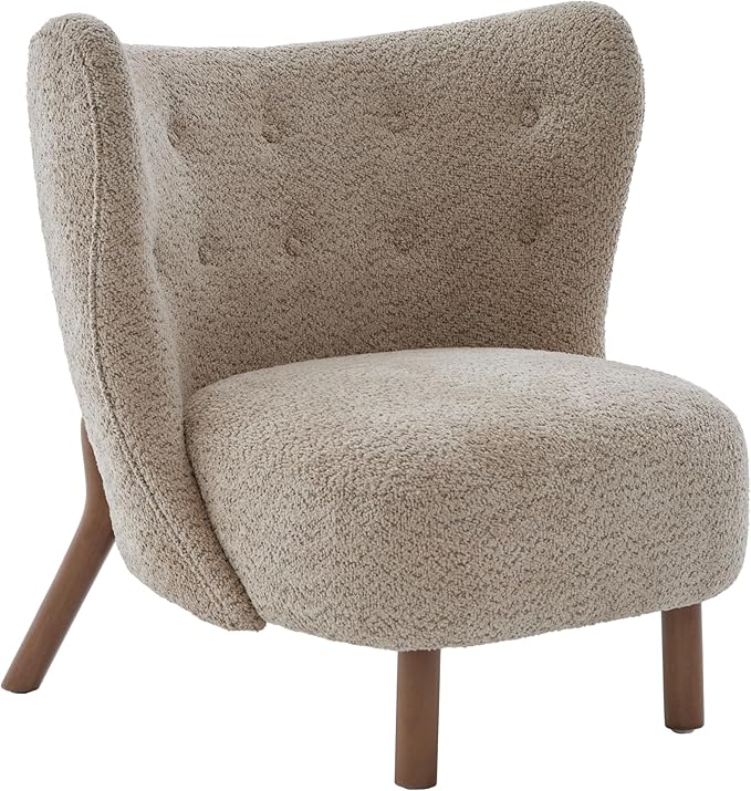 Scott Living Aurora Boucle Upholstered Wingback Accent Chair Solid Wood Living Room Slipper Chair Bedroom Comfy Reading Chair Brown