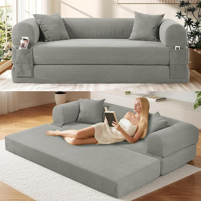Convertible Futon Sofa Bed80 Folding Pull Out Couch Bed with StorageQueen Sleeper Sofa BedCompressed Couch in a BoxCorduroy Boneless Couches for Living RoomLight Grey