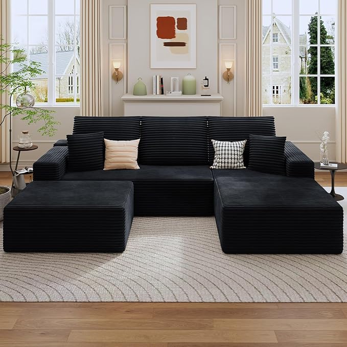 107 Cloud Sectional Couch with U-Shaped Chaise Corduroy Sectional Sofa with Ottoman Boneless Couch with Deep Seat in a Box for Living Room No Assembly Required (Black Right Facing Chaise)
