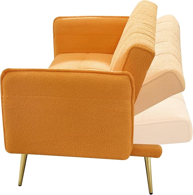 Convertible Sofa Bed Futon Couch Bed with Adjustable Arms and Backrest Modern Love Sofa with Gold Metal Legs for Living Room Bedroom (Teddy Fabric in Yellow 70.1 Wx31.1 Dx31.5 H)