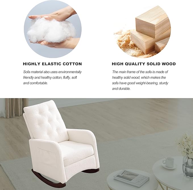 25.6 W Modern Accent High Backrest Living Room Lounge Arm Rocking Chair Two Side Pocket