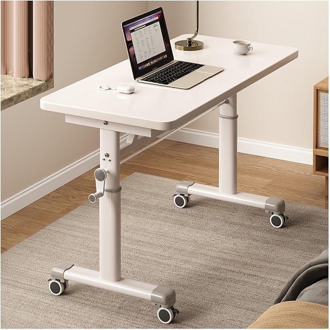 Manual Adjustable Desk Standing Desk Study Table Gaming Desks Movable Writing Table Computer Desks for Home Office Workstation Multifunctional Bedside Table(White80cm/31.49in)
