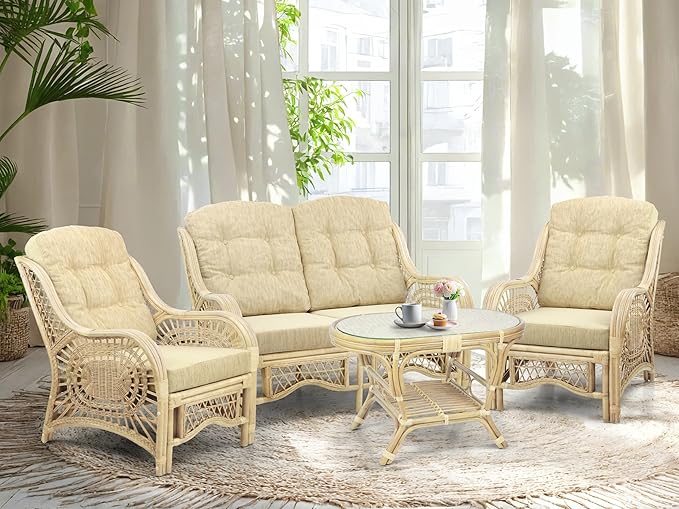 Wickerix Malibu Lounge Loveseat Natural Color Sofa Natural Rattan Wicker Handmade Design with Cream Cushions