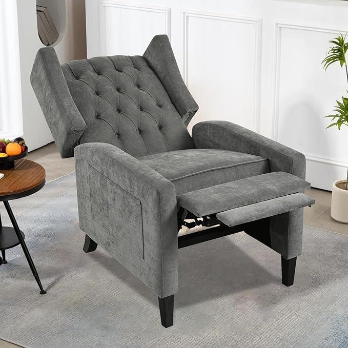 Manual Recliner Chair with Foldable Side Table USB Charger Wingback Tufted Wall Hugger Recliners for Small Spaces Living Room Bedroom Lazy Boy Style Recliner