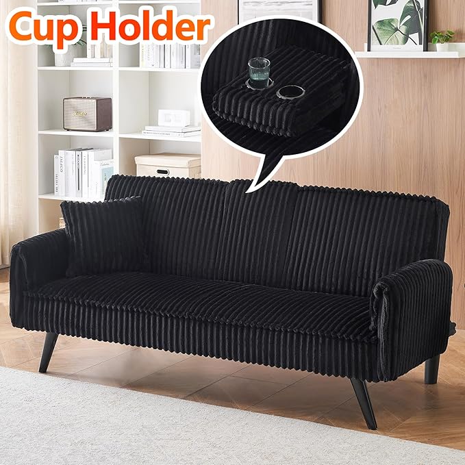72” Corduroy Futon Sofa Bed with Pillows Modern Convertible Futon Couch with 2 Cup Holders&amp Metal Legs for Small Spaces Living Room Solid Wood Frame (Black)