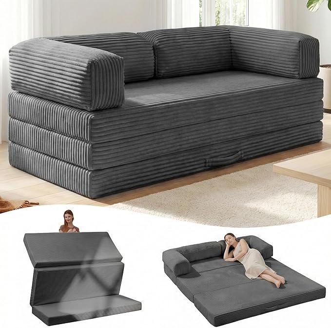 5-in-1 Convertible Sofa Bed76 Boneless Couch Tri Folding Floor Mattress with Removable L-Shaped Armrests &amp HandleCorduroy Futon Couch Sleeper with Pull Out Bed for Living Room Bedroom Apartment