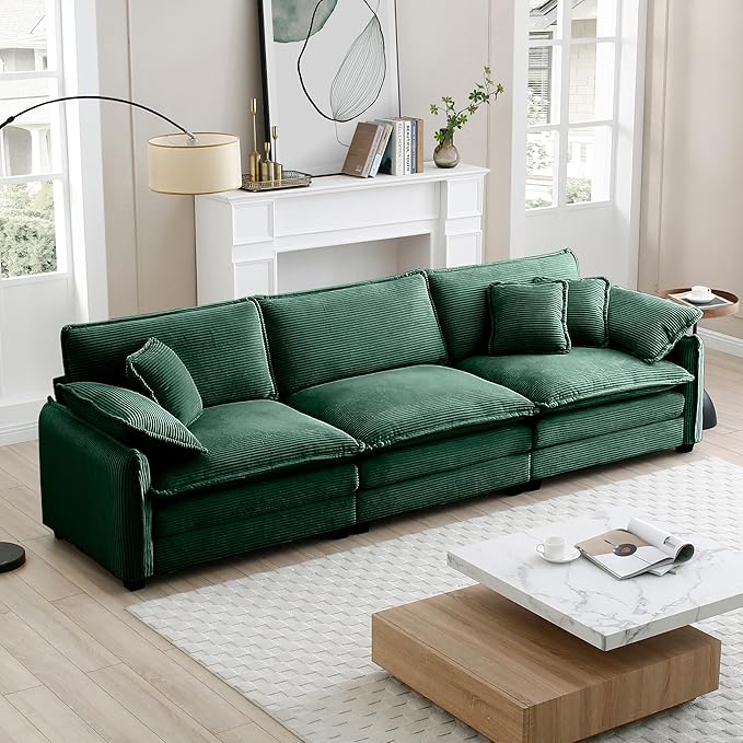 115.34 Modular Sectional Couch 3 Seat Extra Deep Corduroy Sofa with 2 Arm Pillows and 3 Throw Pillows Modern Upholstered Comfy Couches for Living Room Bedroom Office Apartment Green