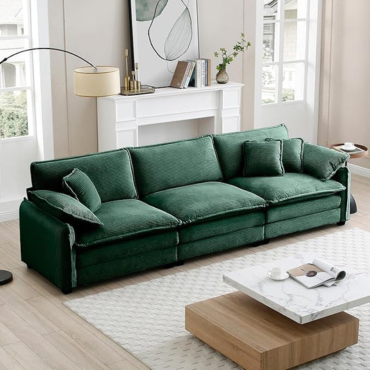 115.34 Modular Sectional Couch 3 Seat Extra Deep Corduroy Sofa with 2 Arm Pillows and 3 Throw Pillows Modern Upholstered Comfy Couches for Living Room Bedroom Office Apartment Green