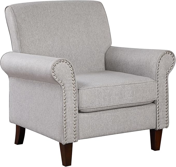 Prilinex Upholstered Living Room Chair - Large Comfy Fabric Accent Chair Single Sofa with Cushion Rolled Armrest &amp Nailhead Trim Mid Century Modern Armchair for Bedroom Office Grey