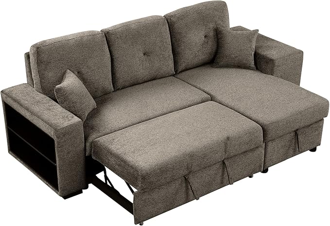 Flieks Reversible Sleeper Sectional Sofa Bed with Side Shelf and 2 StoolsPull-Out L-Shaped Sofa BedCorner Sofa-Bed with Storage Chaise Left/Right Hande for Living RoomKnox Charcoal