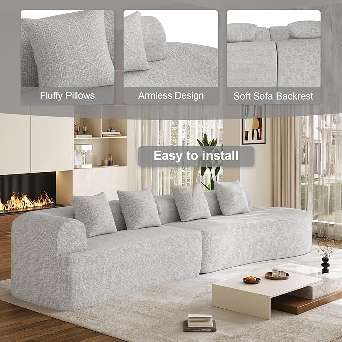 147 Oversized Sectional Sofa for Living Room Modern Luxury Plush Chenille 4-Seater Extra Deep &amp Wide Seat Curved Cloud Couch with 4 Throw Pillows No Assembly Needed Light Grey
