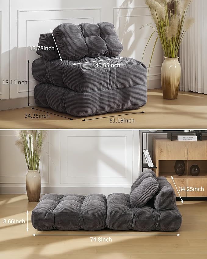 Garvee 3-in-1 Folding Convertible Sofa Bed with Pillow Foldable Matress with Back Support Comfy Portable Sleeper Chair Floor Sofa Lounge for Living Room Bedroom No Assemble Required Grey Single