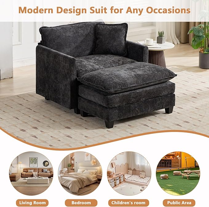 Setawix Modern Modular Sectional Sofa Chair with Movable Ottoman 42 Upholstered Chenille Comfy Fluffy Cloud Deep Seat Couch Oversized Single Armchair with Throw Pillow for Living Room Black