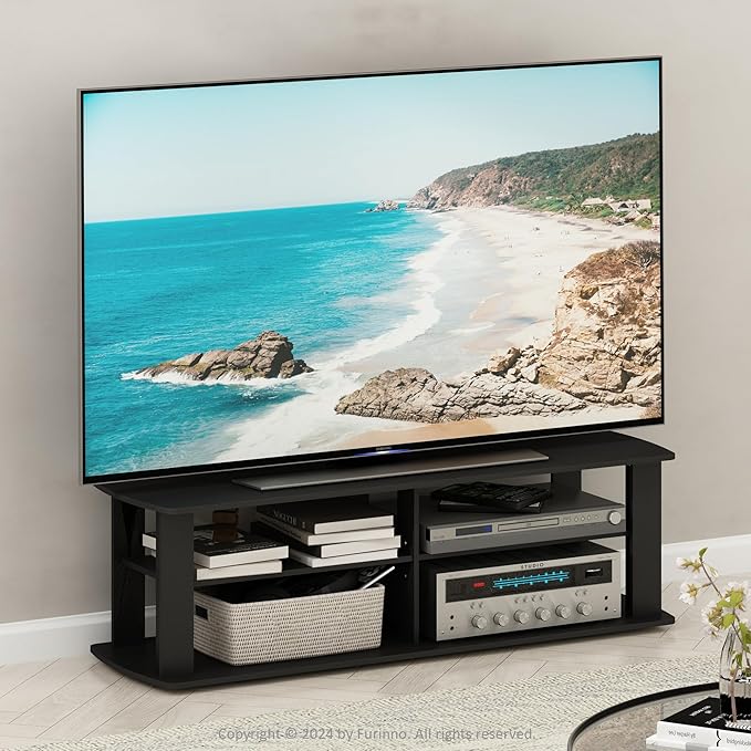 Furinno NELLY TV Stand 3-Tier Entertainment Center with Open Shelves Storage TV Console for TV up to 50 Inch Soft Edges for Living Room Bedroom Black