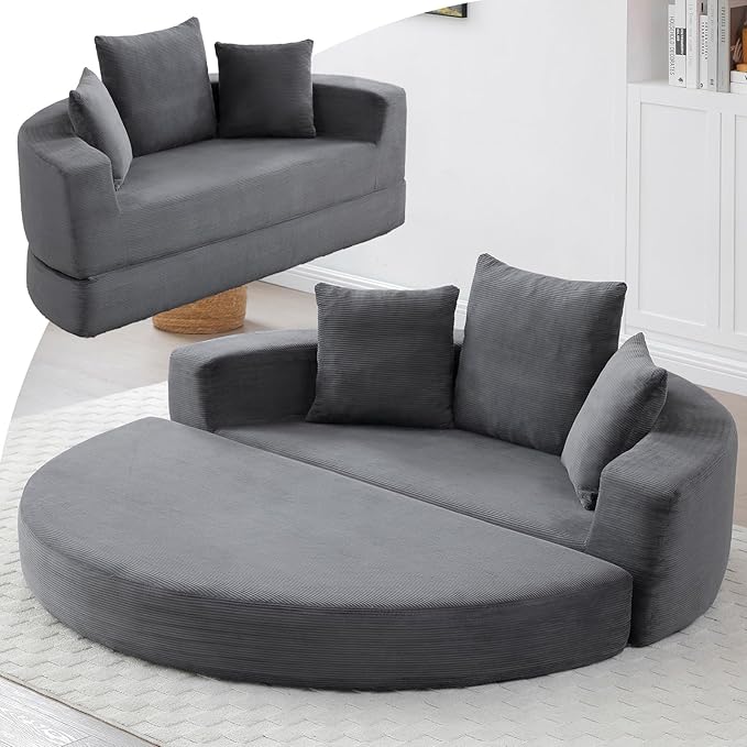 67” Foldable Couch Bed Corduroy Round Floor Couch with 3 Comfy Pillows 2 in 1 Convertible Sofa Bed for Living Room Apartment 380 LBS Capacity No Assembly (Gray)