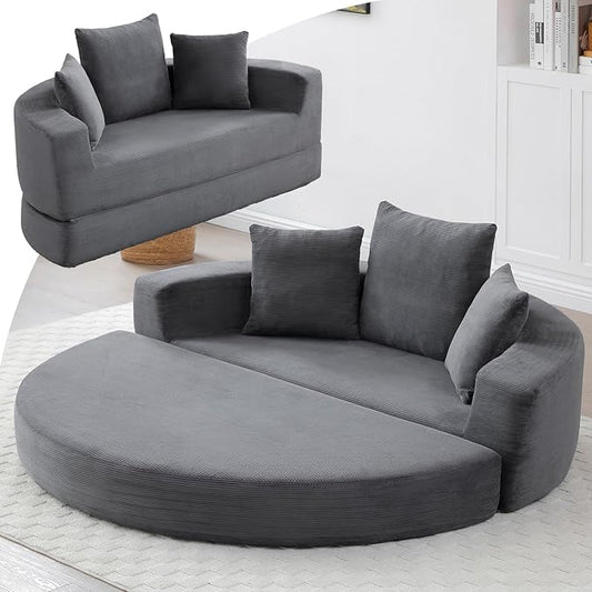 67” Foldable Couch Bed Corduroy Round Floor Couch with 3 Comfy Pillows 2 in 1 Convertible Sofa Bed for Living Room Apartment 380 LBS Capacity No Assembly (Gray)