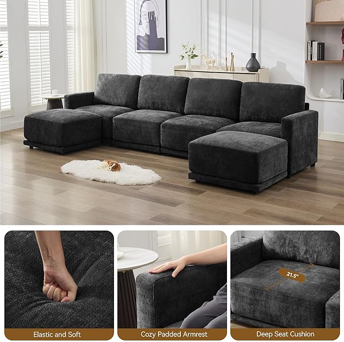 110.6 L Shaped Sectional Sofa Modular Cloud Deep Seat Couch with Movable Ottoman Oversized Thicked 4-Seats Sofas for Living Room Chenille Black