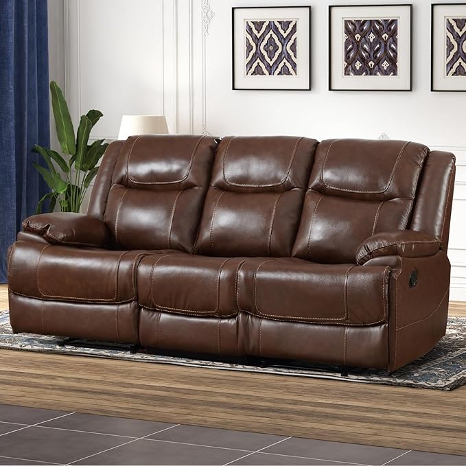 EBELLO Genuine Leather Manual Reclining Sofa 3 Seat Recliner Sofa Couch for Living Room Bedroom Furniture Meeting Room Brown