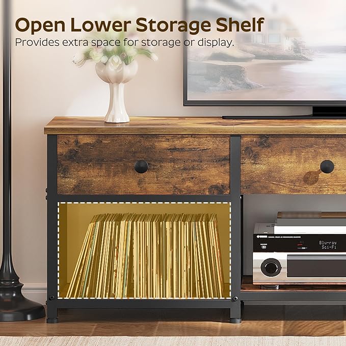 TV Stand with 3 Fabric Drawers for up to 50 Inch TV 47.2 Industrial Media Console Entertainment Center with Shelves for Living Room Bedroom Home Office Rustic Brown and Black DS12BR