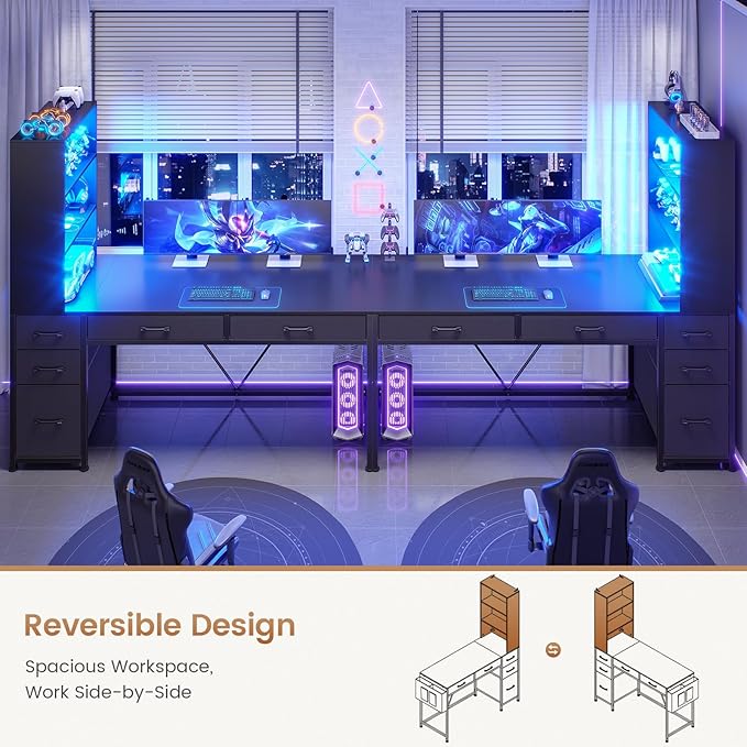 SEDETA Computer Gaming Desk with 5 Drawers and Bookshelf Reversible Home Office Desk with Storage Shelves and File Drawer Corner Desk with LED Lights for Small Spaces Black