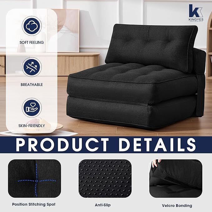 KINGYES Folding Chair Bed 3 in 1 Convertible Sleeper Chair with Pillow Foldable Futon Chair for Living Room Black
