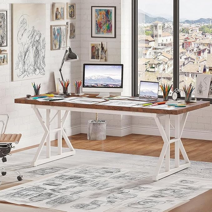 70.8 Modern Executive Computer Desk Wide Writing Desk for Home Office Minimalist Style Workstation Large Study Desk for Bedroom or Workspace White