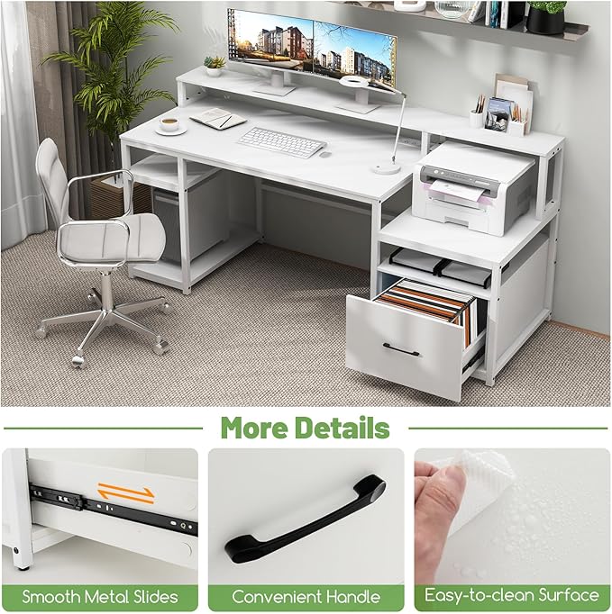 COSTWAY 66-inch Computer Desk with Power Outlet Office Desk with Monitor Stand Printer Shelf File Drawer CPU Stand Modern Home Office Desk Computer Workstation White