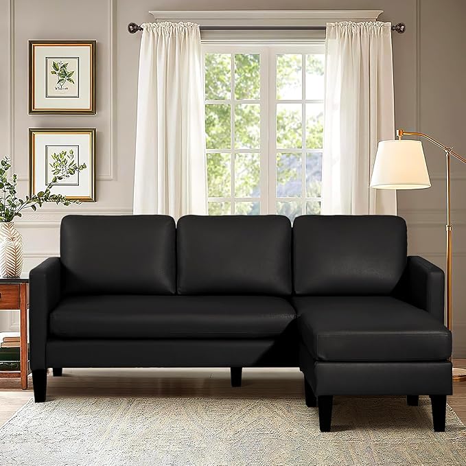 Grepatio Faux Leather Sectional Sofa Convertible L Shape Couch with Reversible Chaise 3-Seat Sectional Sofa for Apartment Small Space Black