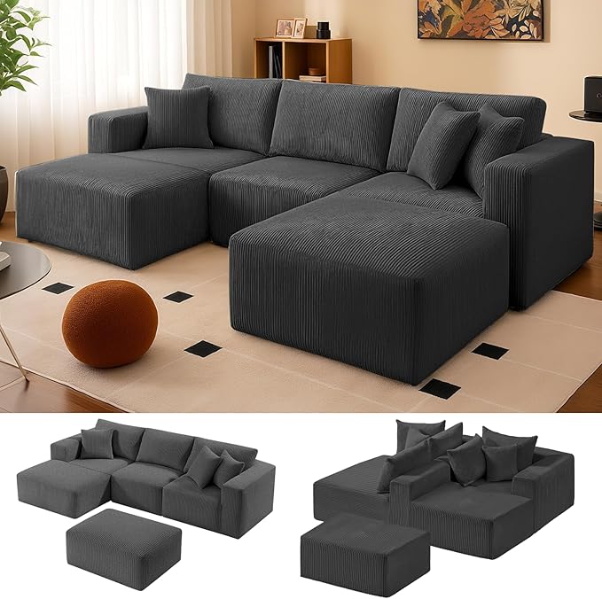 104 Cloud Couch Sectional U Shaped Boneless Couches for Living Room Corduroy Modern Modular Sectional Sofa No Assembly Required (Grey U-Shaped)