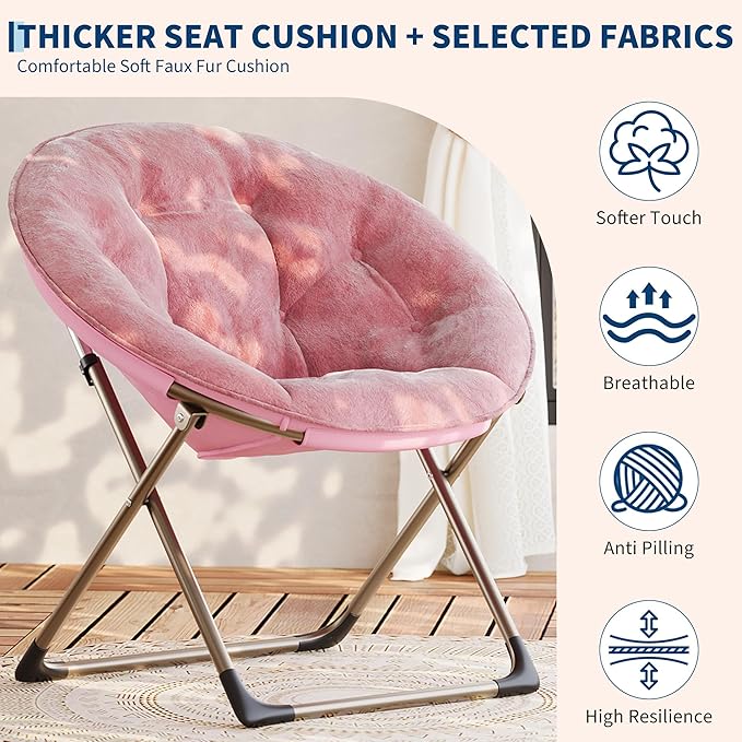 GAOMON Saucer Chair Comfy Chair Faux Fur Lounge Moon Chair with Folding Metal Frame Oversized Plush Flower Accent Seat for Adults Teens &amp Kids for Teens Bedroom Dorm or Living Room Rose Pin