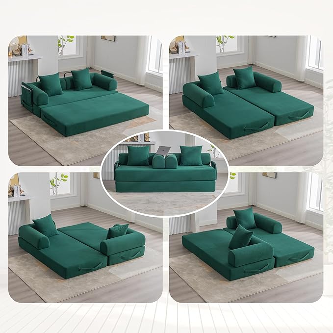 Convertible Sleeper Sofa Bed 78.5 Folding Floor Sofa Mattress Couch with Pillows Corduroy Futon Boneless Couch Lounge Loveseat with Pull Out Bed Emerald Green