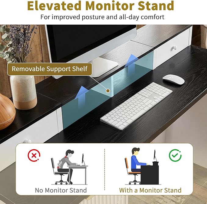 Modern Fluted L Shaped Executive Desk with Charging Station - 59 Home Office Corner Computer Desk with Monitor Stand File Drawer and Removable Support Shelf for Study Home Office (White)