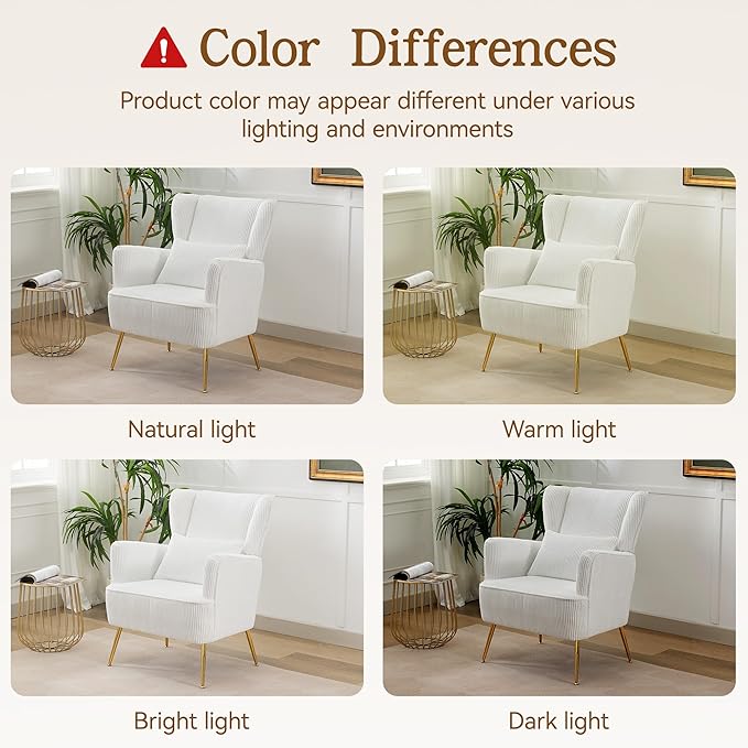Living Room Chairs Corduroy Accent Armchair with Lumbar Pillow &amp Gold Leg 8.5 Thick Cushion Mid Century Modern High Wingback Bedroom Chairs Upholstered Comfy Sofa Arm Chair White
