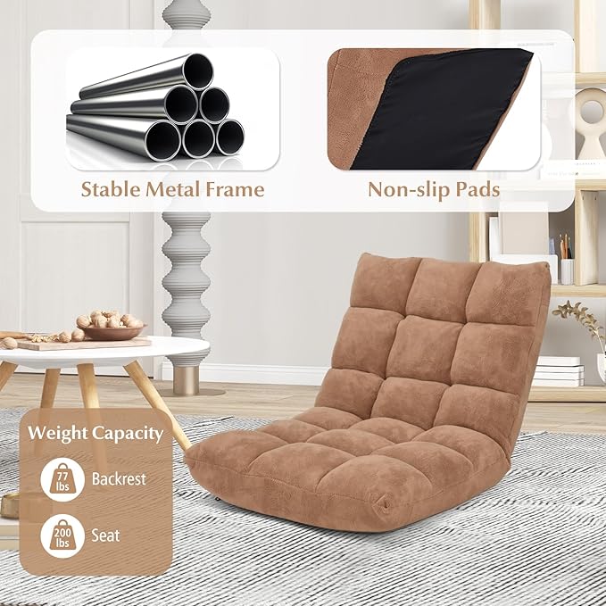 14-Position Floor Sofa Folding Gaming Sofa Chair Comfy Cushions &amp Study Steel Frame Angle Adjustable Sleeper Bed Couch Recliner (Tan)