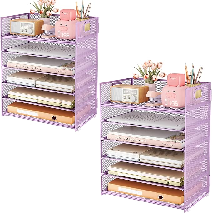 Subekyu 6-Tier Desk Paper Organizer Desktop File Letter Tray with Handle Document Sorter and Accessories Holder for Office Home and School Workspace Organizers Purple-2 Pack